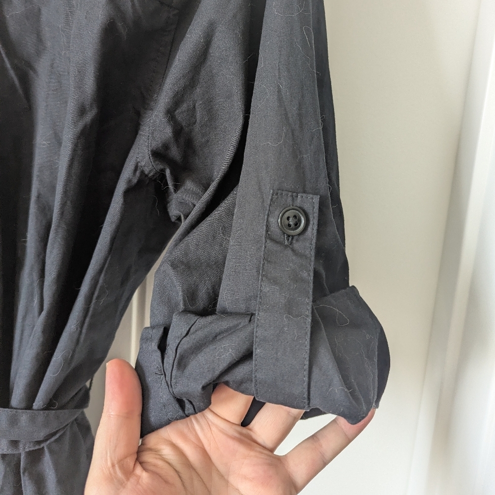 Classic Black Cotton Button-Front Shirt Dress with Belt, Pockets 3/4 Sleeves LG - Picture 7 of 12